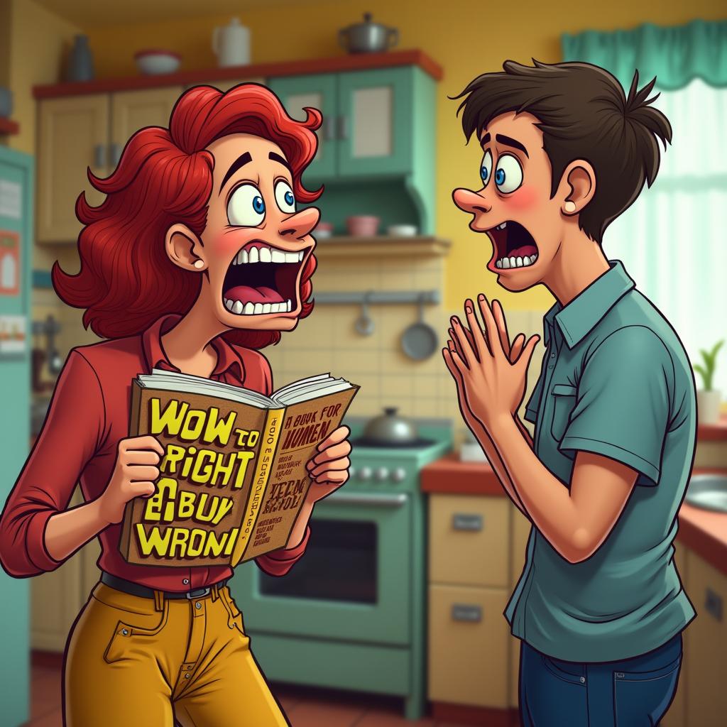 A woman with an exaggerated angry expression, dramatically screaming at a man in a humorous and exaggerated way