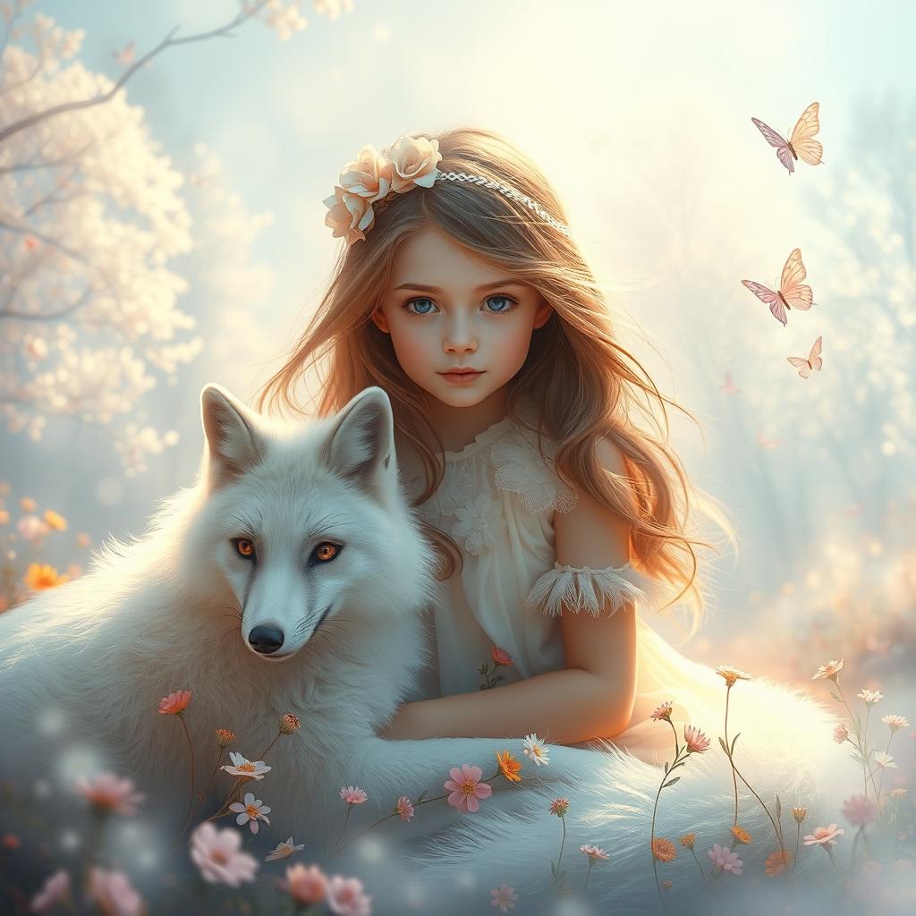 A magical masterpiece with a surreal, dreamlike theme, featuring a young girl surrounded by a white fox