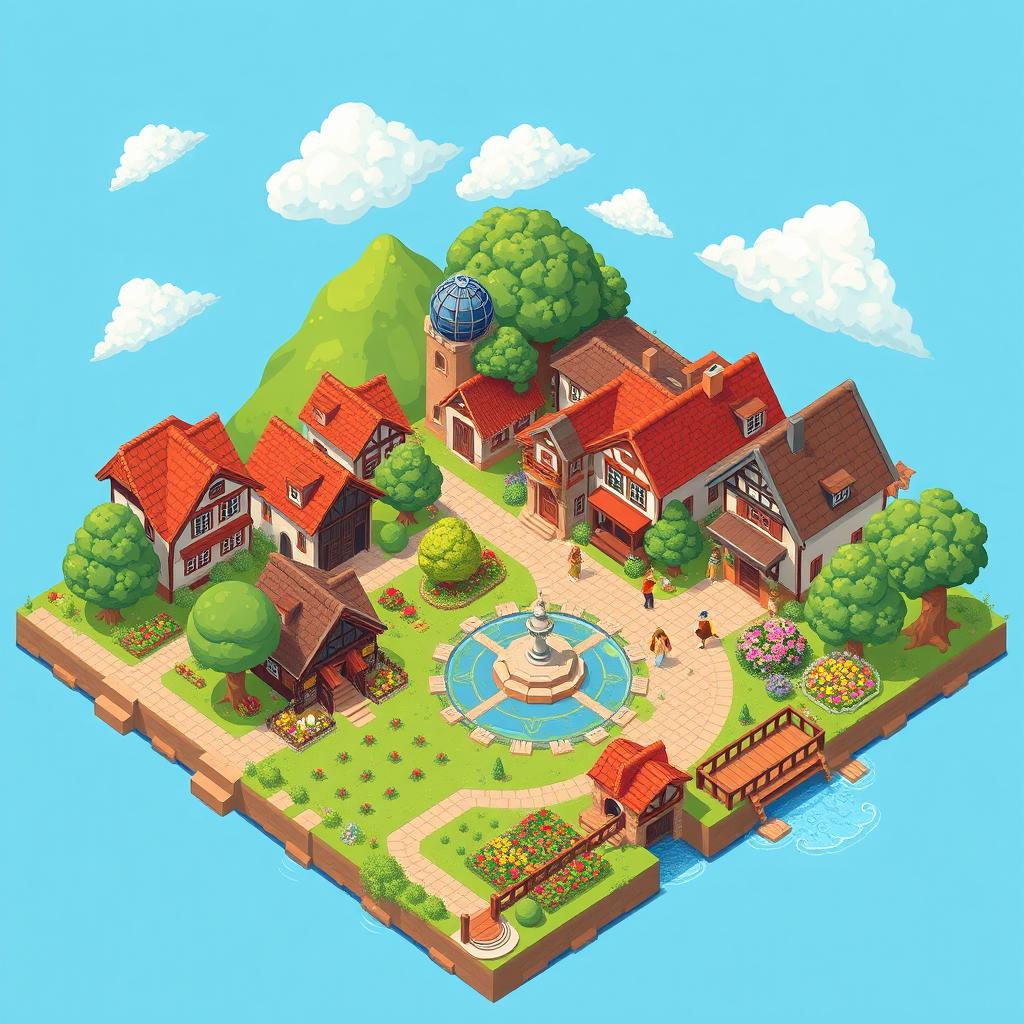 A detailed 2D pixel art map of a charming village, showcasing various elements such as quaint houses, cobblestone streets, a central town square with a fountain, lush green parks, and colorful flower gardens