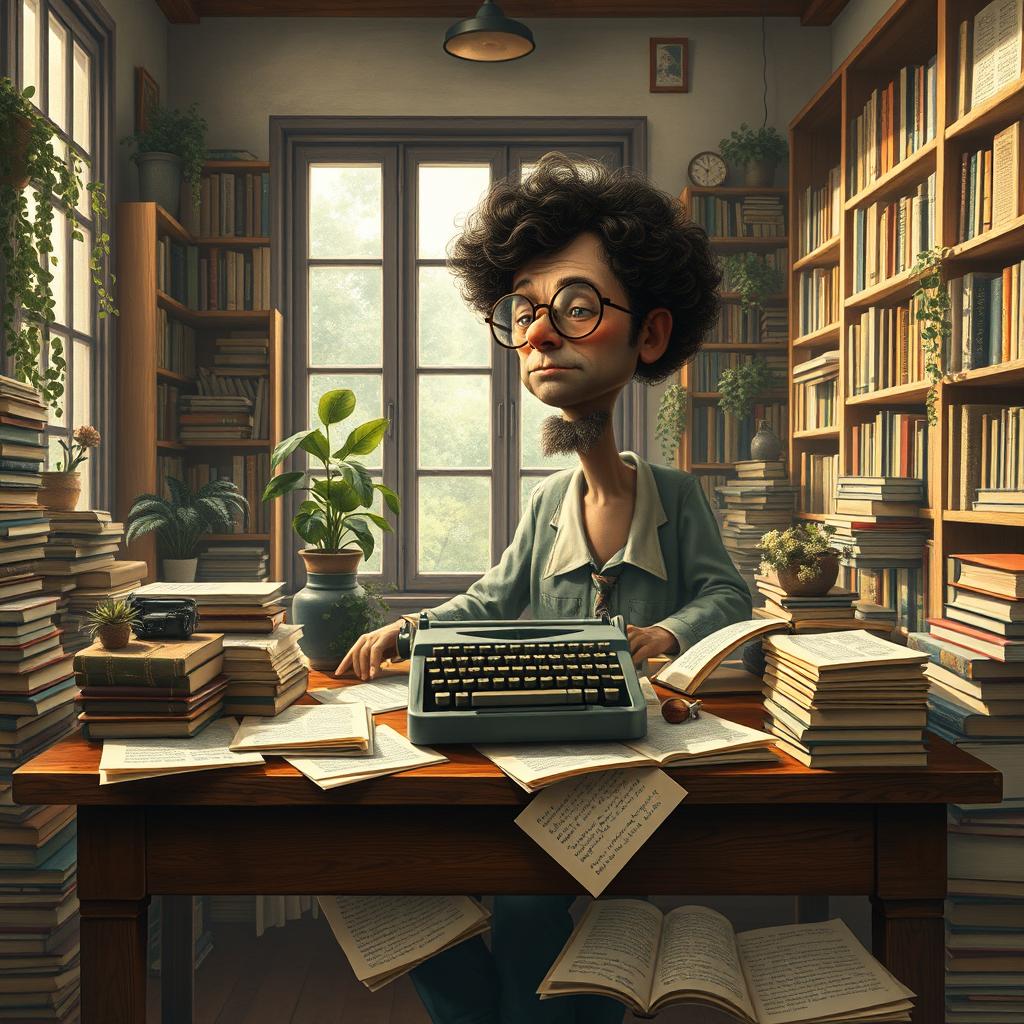 A surreal and imaginative interpretation of the famous Portuguese author José Saramago, depicted sitting at a cluttered wooden desk surrounded by numerous books
