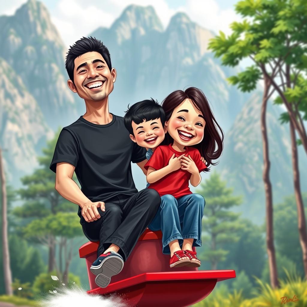 A realistic caricature of a Thai family scene featuring a man in his 30s with neat short black hair, wearing a short-sleeved black T-shirt, black jeans, and sneakers