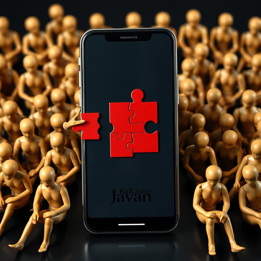 A realistic depiction of a smartphone propped up vertically, showcasing a vibrant red puzzle design divided across its screen