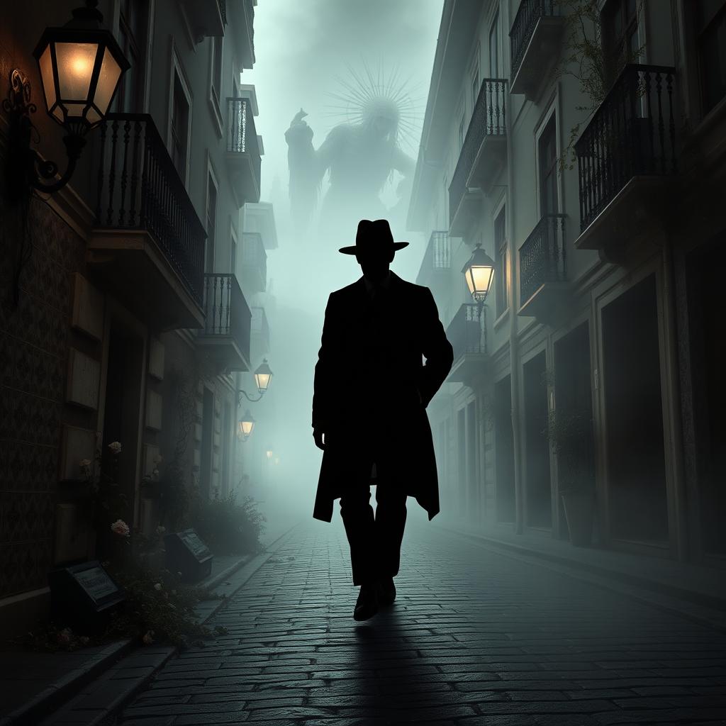 A surreal and contemplative literary scene inspired by José Saramago's 'O Ano da Morte de Ricardo Reis'