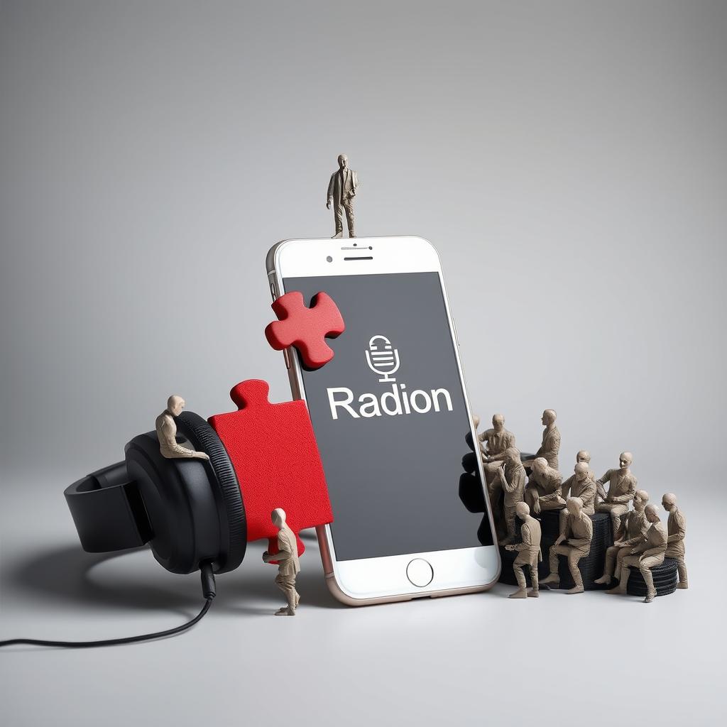A realistic scene depicting a smartphone standing upright with a pair of headphones next to it