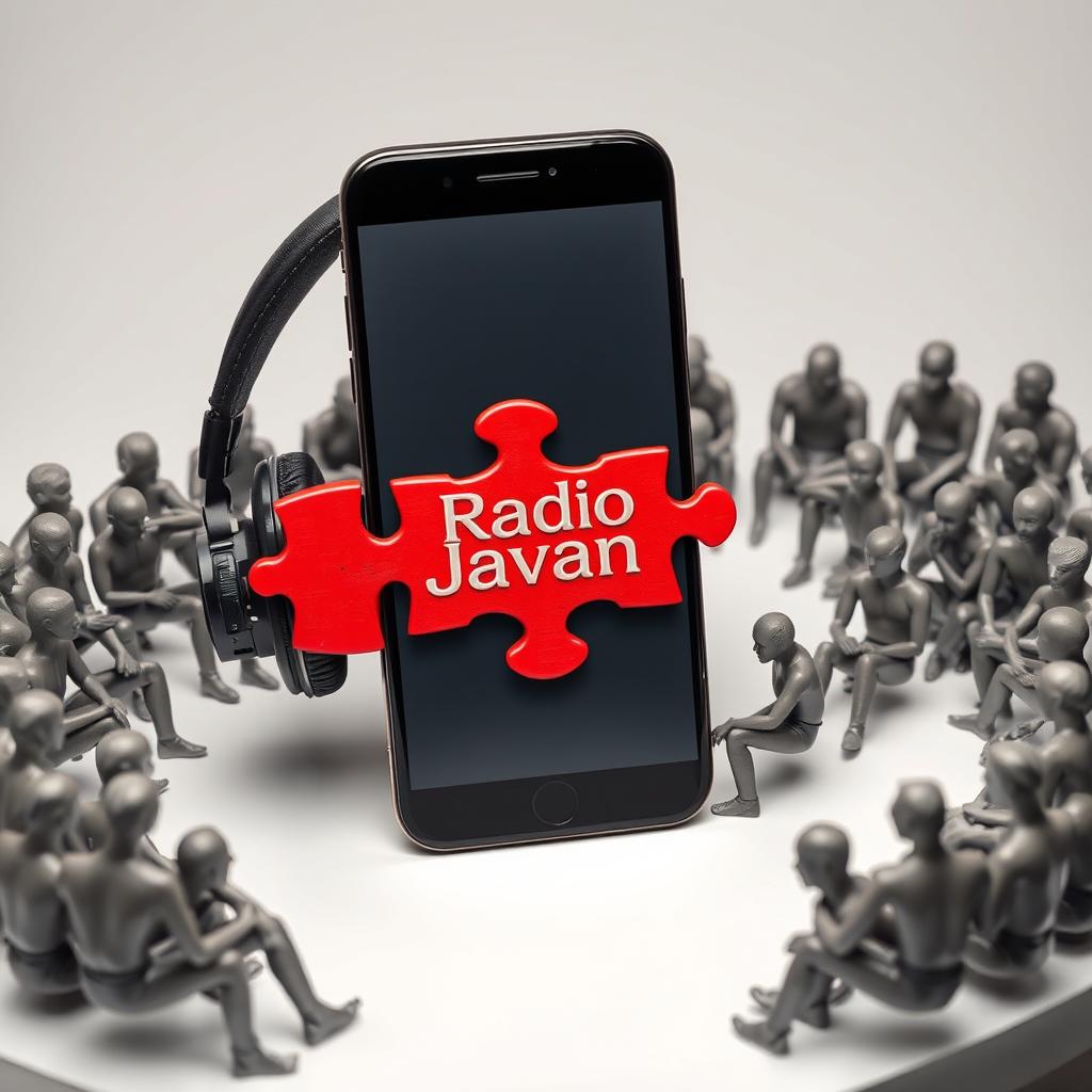 A smartphone standing upright with headphones next to it, its screen divided into a vibrant red puzzle displaying the logo "Radio Javan" elegantly engraved on its surface