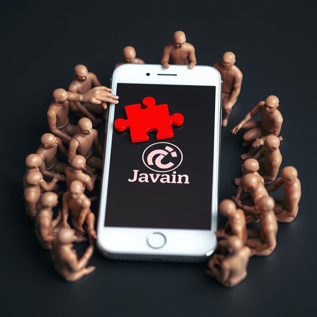 A modern smartphone positioned prominently in the center of the image, displaying a vibrant red puzzle design on its screen