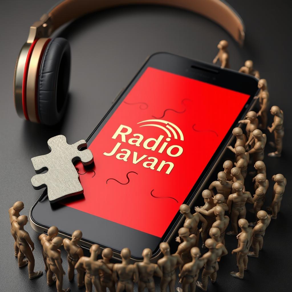 A high-resolution image of a smartphone featuring headphones, with the screen divided into a vibrant red puzzle design