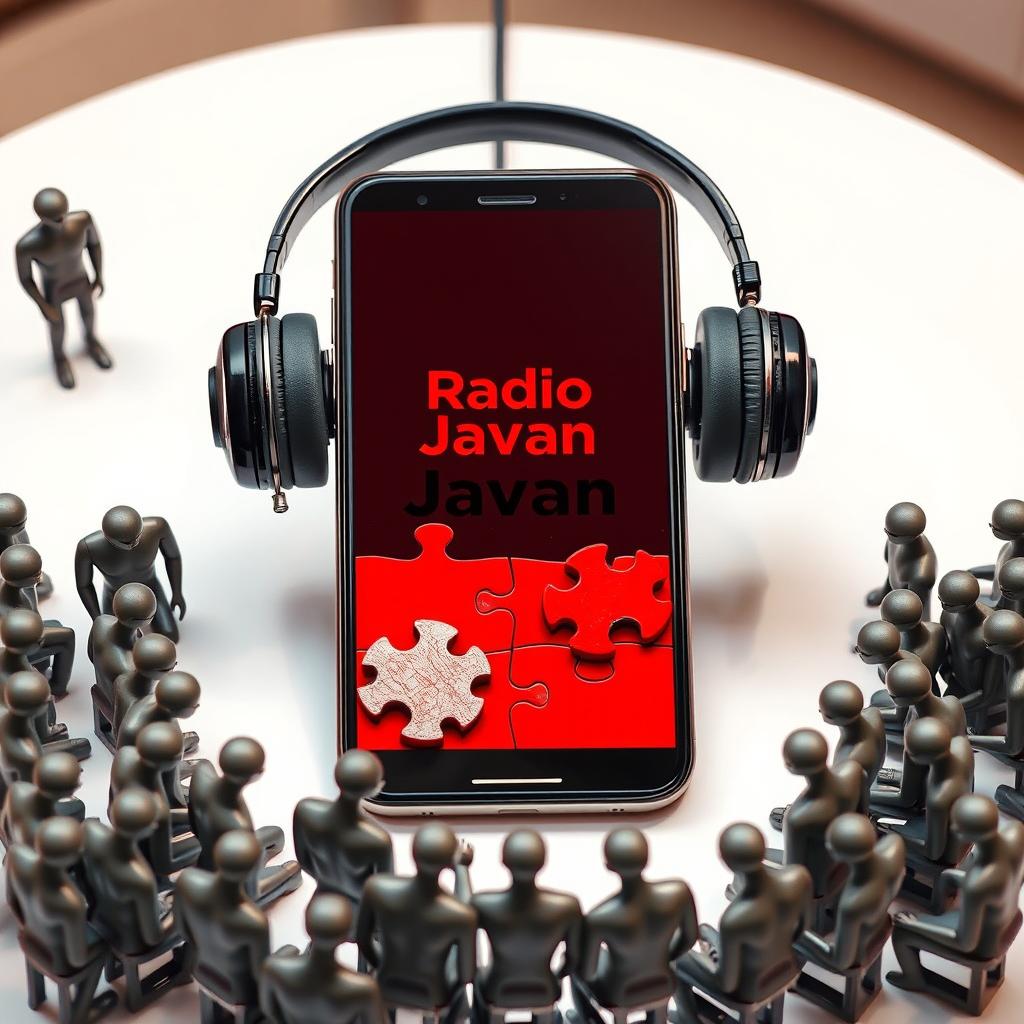 A realistic smartphone with headphones attached, featuring a screen divided into a vibrant red puzzle design