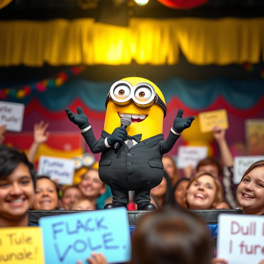 A cheerful Minion standing on a stage, passionately giving a speech to an enthusiastic audience