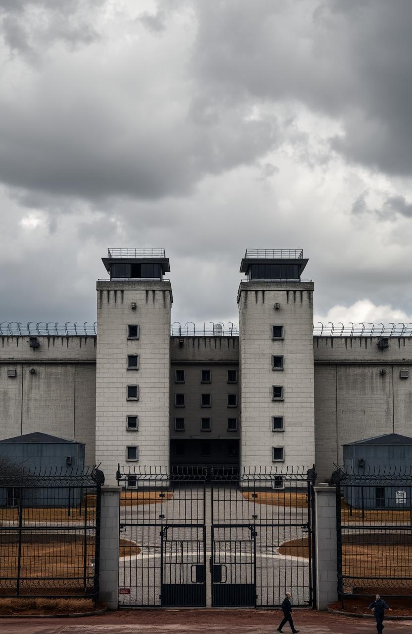 A large, imposing prison facility designed for dangerous criminals, featuring tall, fortified walls topped with barbed wire, with watchtowers at each corner