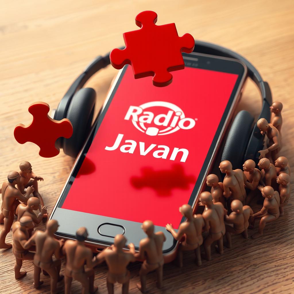 A highly detailed image of a smartphone with headphones, featuring a screen divided into a vibrant red puzzle