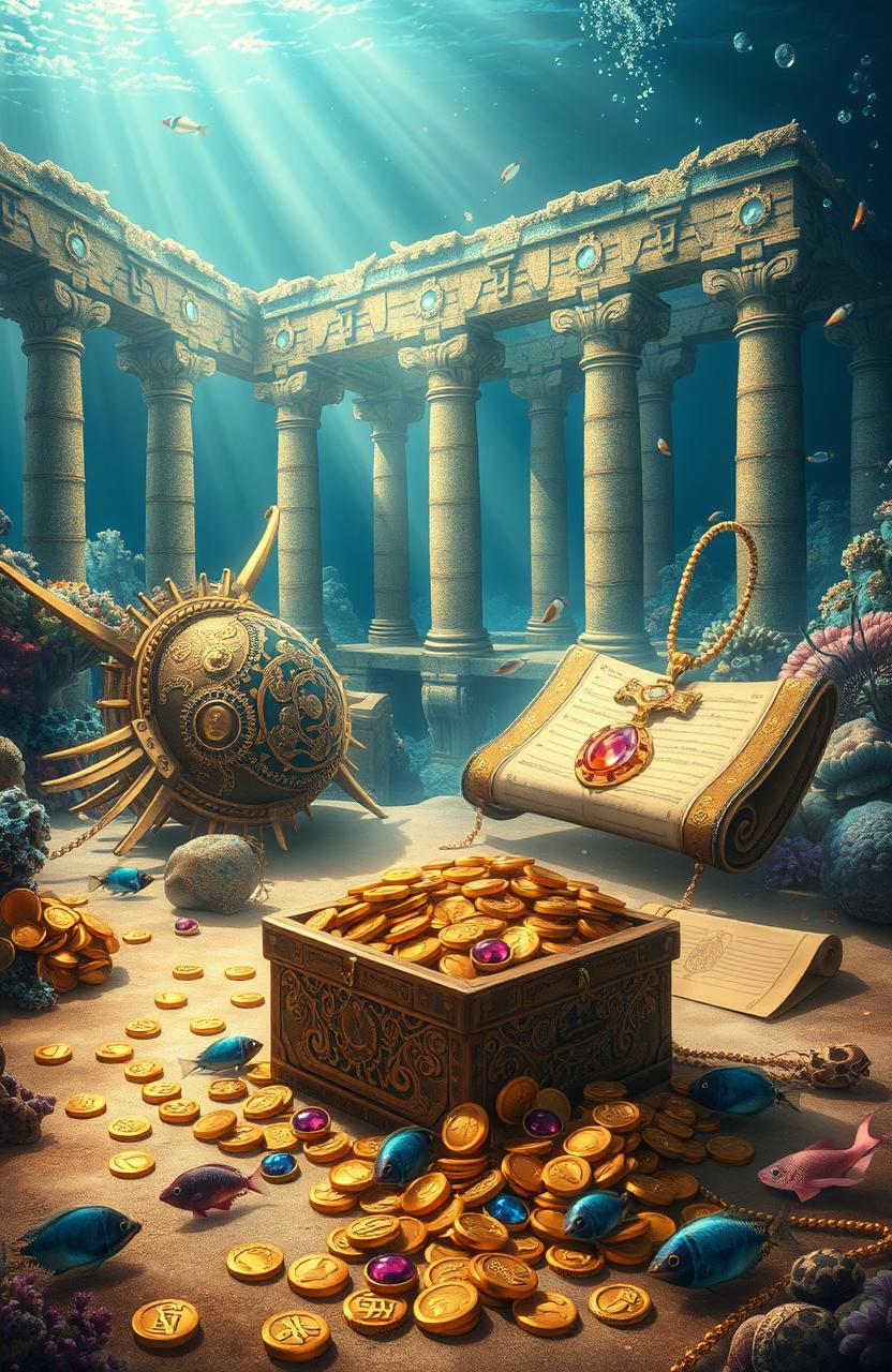 An imaginative depiction of the legendary treasure of Atlantis, featuring magnificent golden artifacts, intricately designed jewelry, and ancient scrolls scattered across a sandy ocean floor