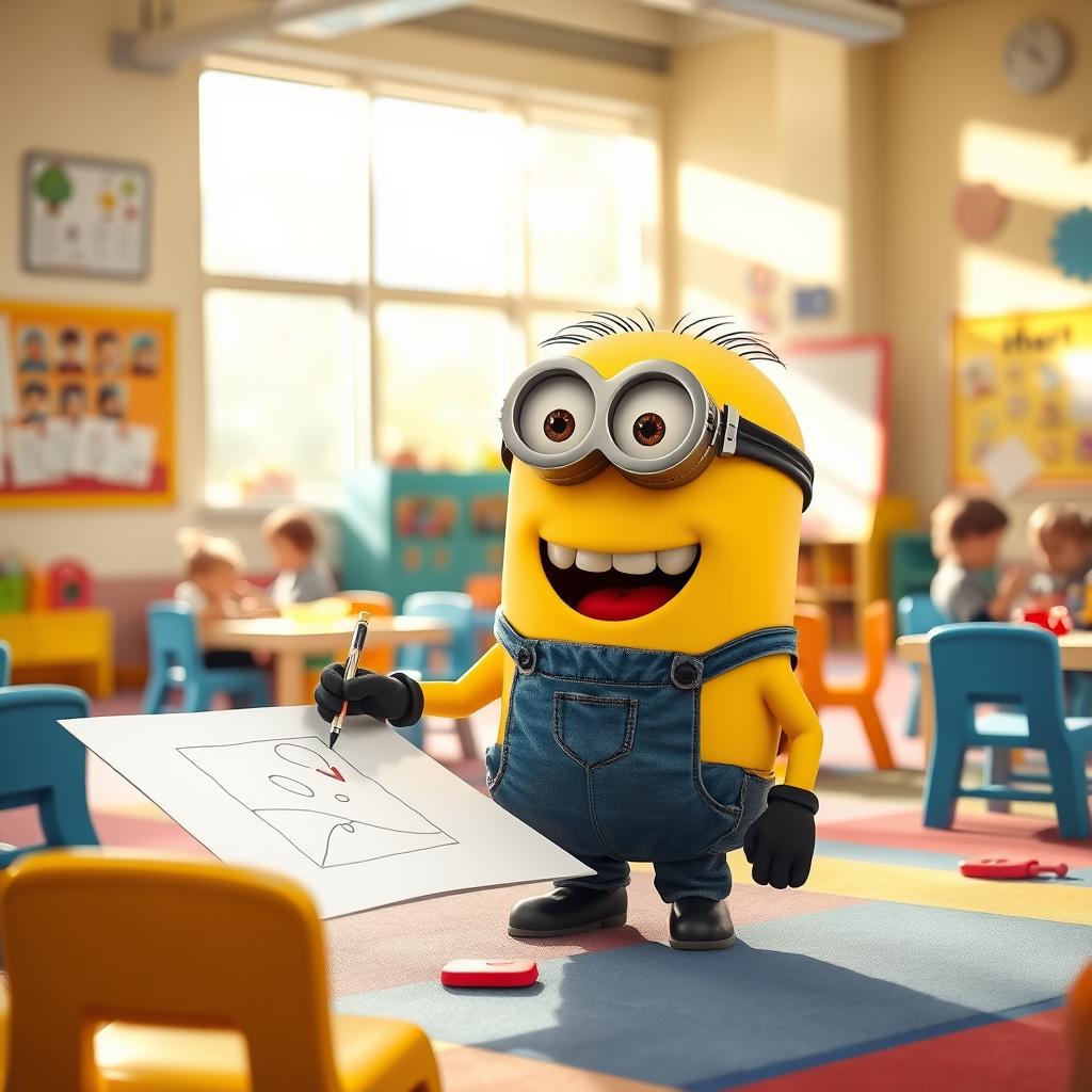 A cheerful Minion character from 'Despicable Me' happily interacting in a colorful kindergarten classroom