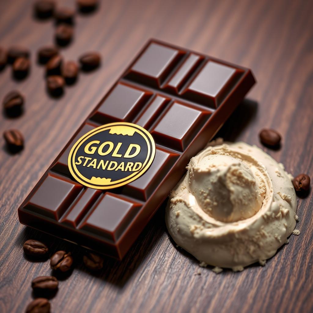 A close-up shot of a decadent chocolate bar made with premium quality ingredients, prominently featuring the 'Gold Standard' logo