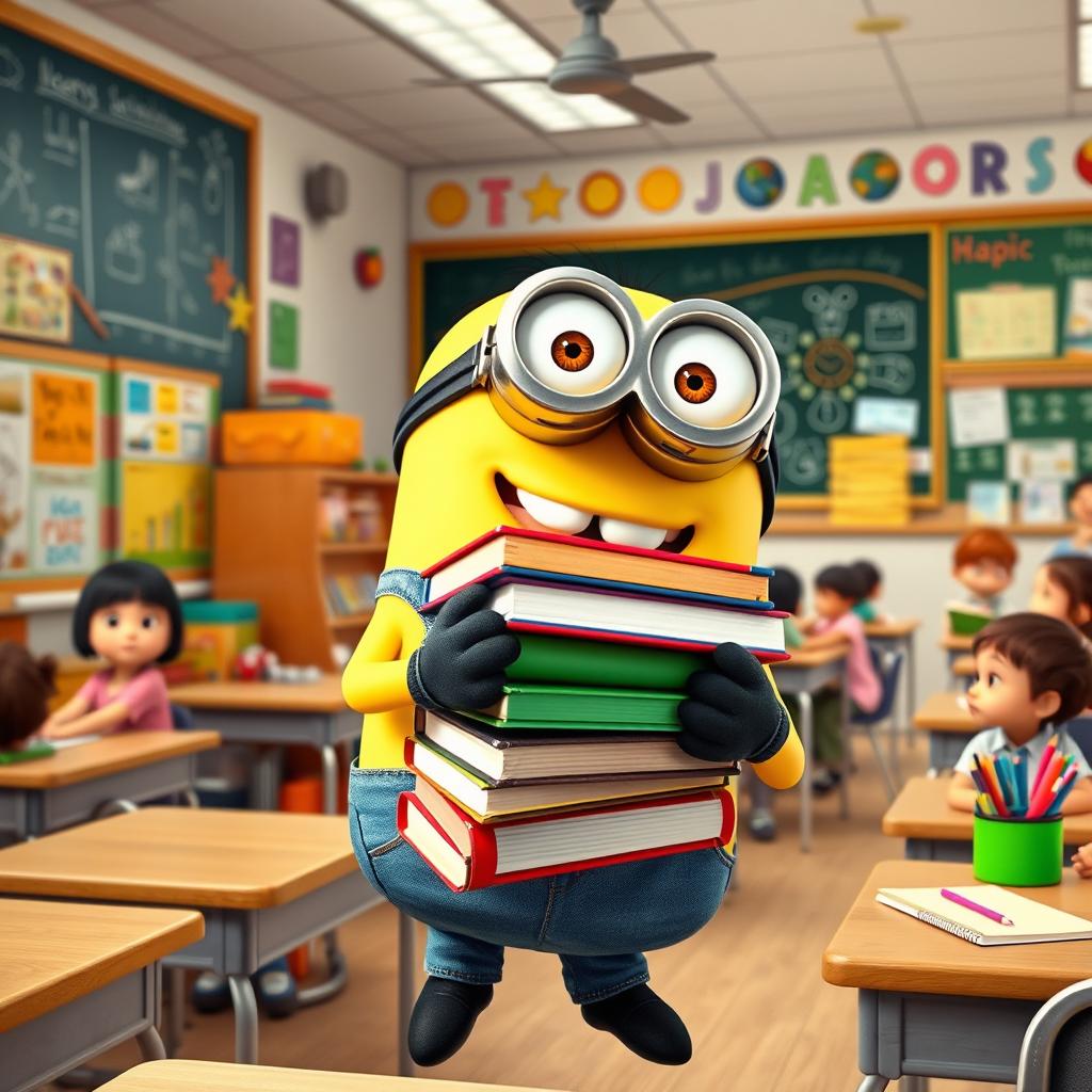 A lively scene featuring a Minion character from 'Despicable Me' inside a school environment