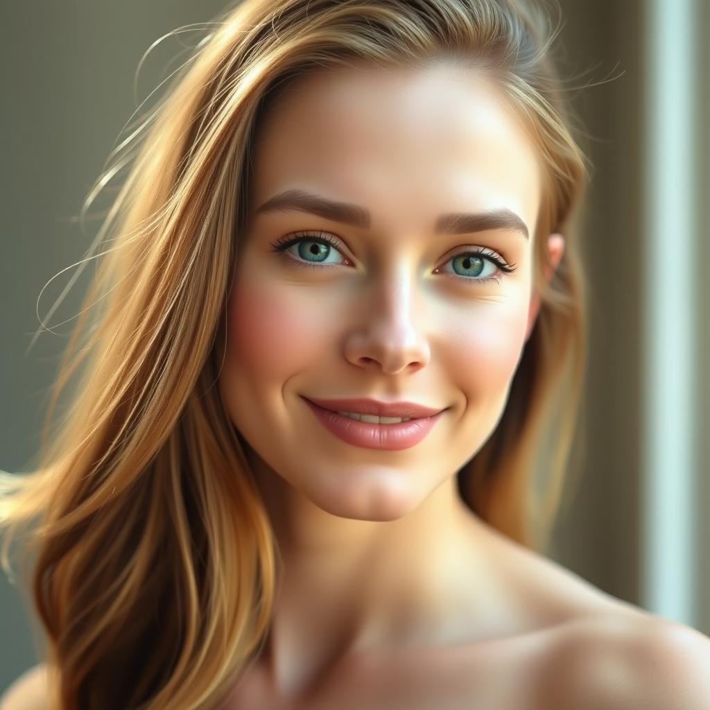 A portrait of a beautiful person with a serene expression, featuring a soft glow on their fair skin