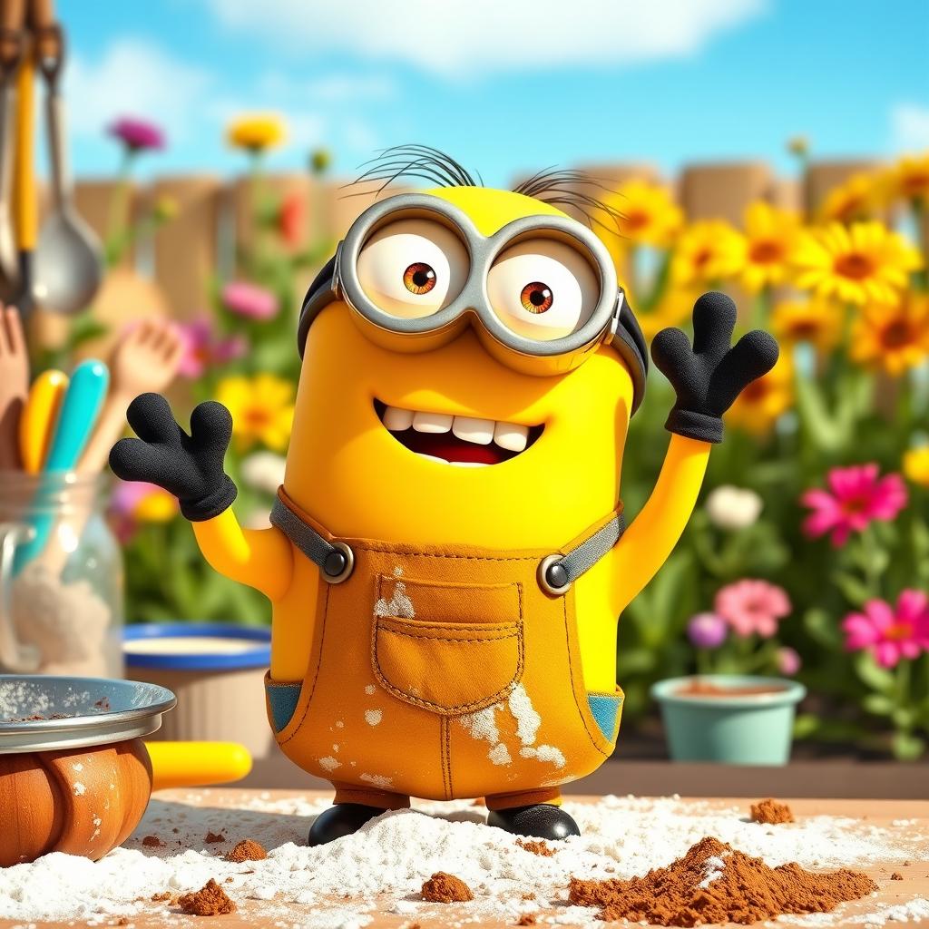 A whimsical scene depicting a cheerful Minion, with its signature yellow skin and overalls, joyfully assisting in a fun activity, such as baking or gardening