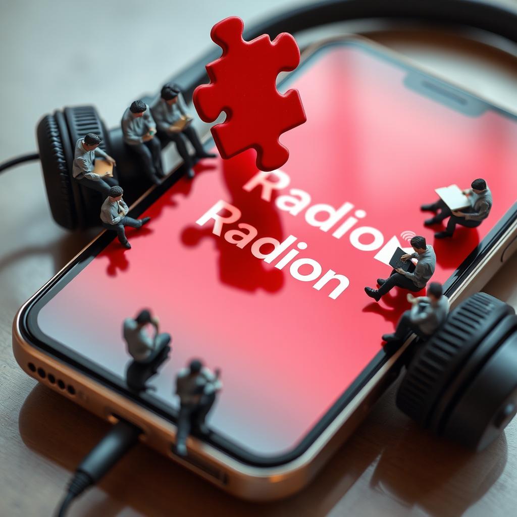 A smartphone with headphones rests on a surface, its screen divided into a vibrant red puzzle