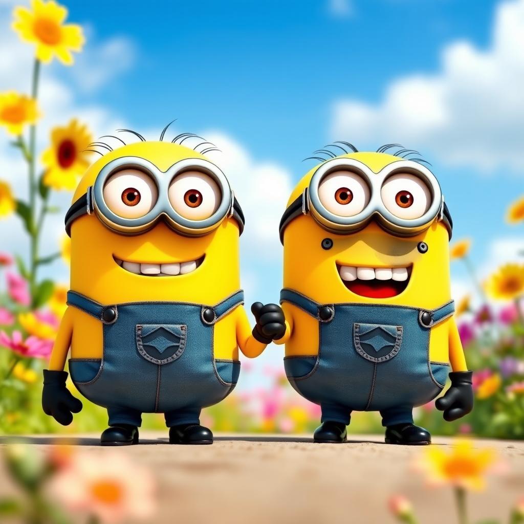 A cheerful yellow Minion character holding hands with another Minion, both displaying happy expressions