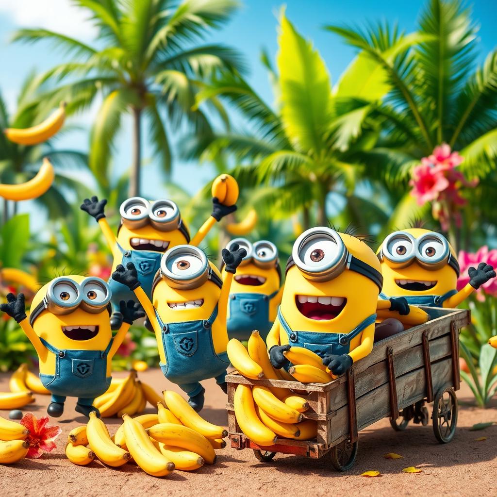 A lively scene featuring a group of cute yellow Minions with big expressive eyes joyfully gathering bananas in a bright, colorful tropical setting