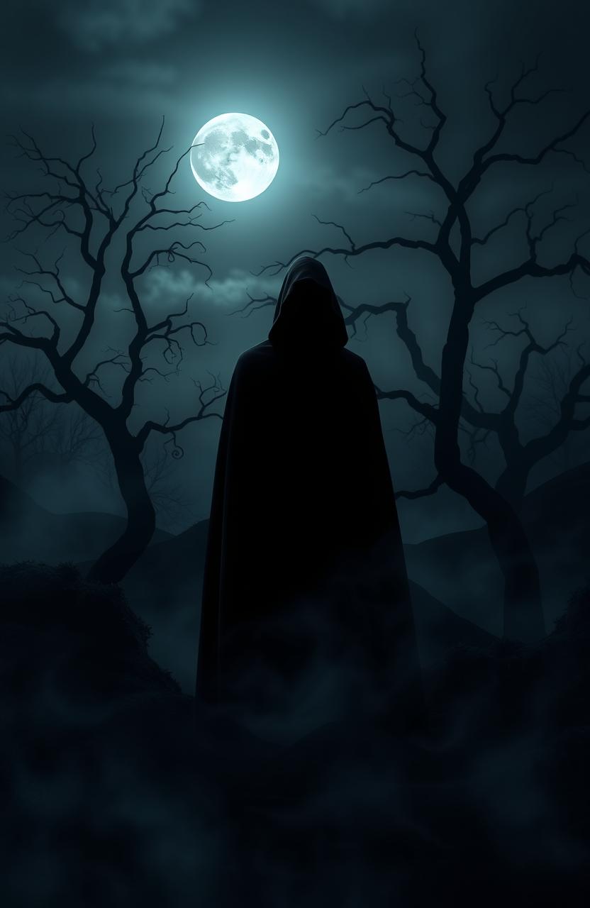 A dark and mysterious landscape, shrouded in shadows with an air of intrigue