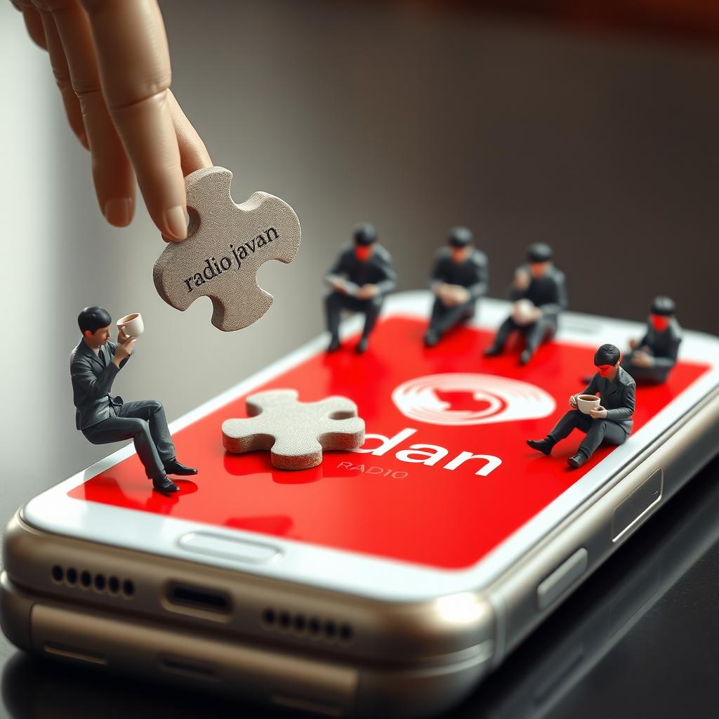 A realistic smartphone with a divided red screen, featuring the engraved logo "radio javan" on it