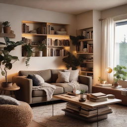 A cozy, functional living room filled with warm lighting, plush furniture, books and plants.