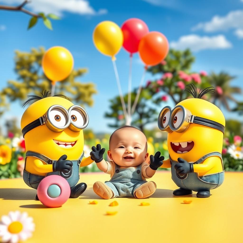 A whimsical scene featuring adorable Minions interacting with a cute baby in a vibrant, colorful setting, reminiscent of a joyful playground with soft toys and bright balloons