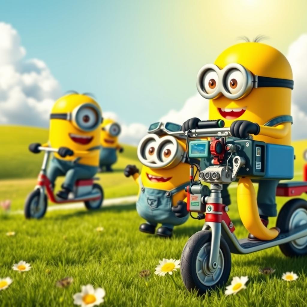 A whimsical scene featuring a group of cheerful yellow Minions in a vibrant, colorful setting