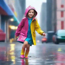 A high quality digital art piece showing a young girl in a vibrant raincoat, stepping in puddles under a light drizzle