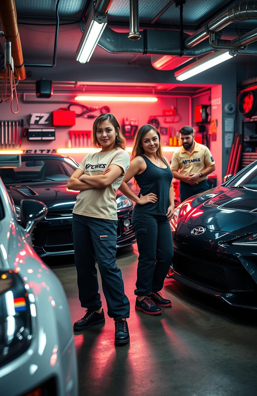 A vibrant and dynamic underground car scene featuring both female and male mechanics proudly working on their modified cars, a sleek Nissan GTR R34 and an iconic Toyota Supra