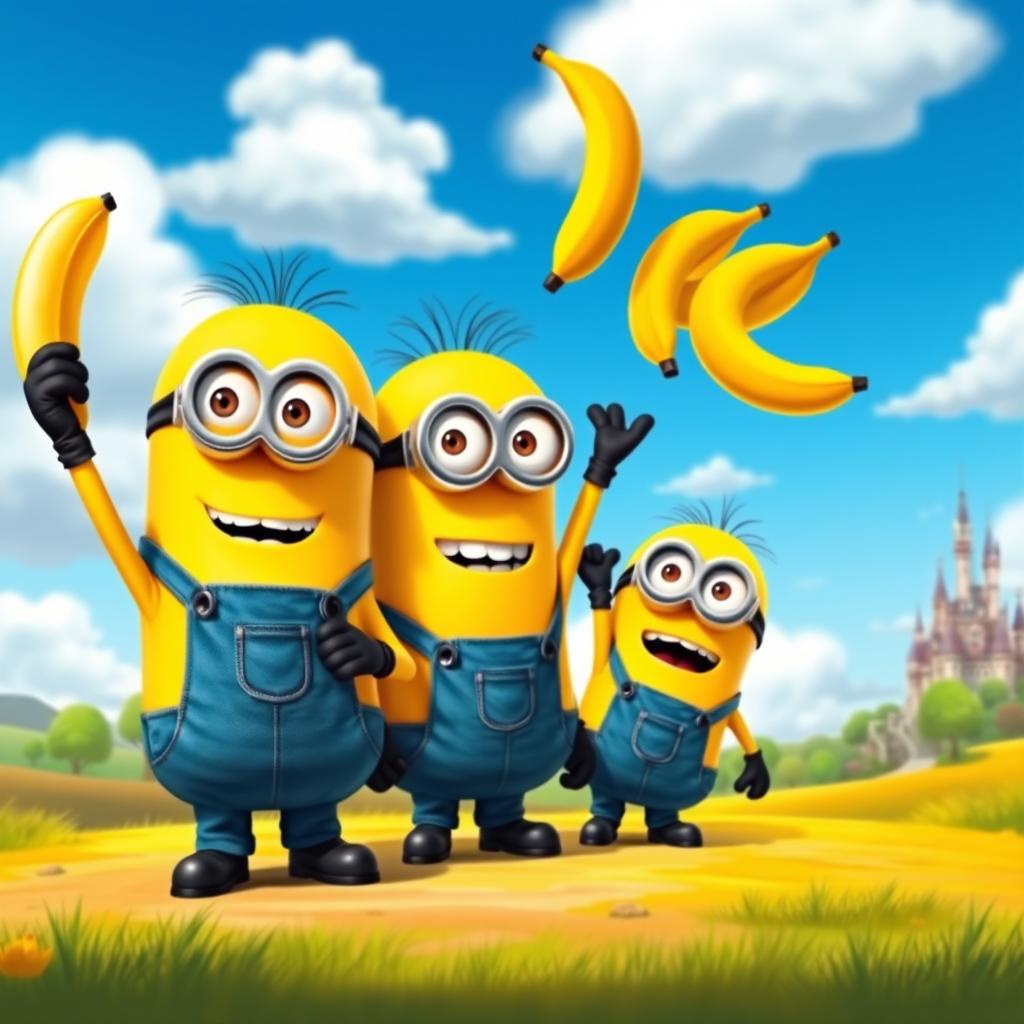 A whimsical and vibrant scene featuring three playful Minions in a colorful, cartoonish landscape