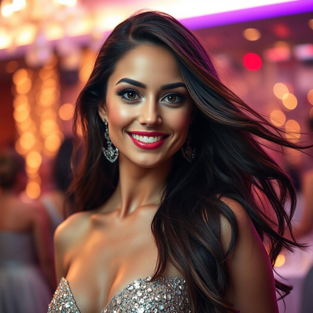 A high-quality portrait of a glamorous woman with flowing long hair and a captivating smile, wearing an elegant evening gown that shimmers under soft lighting