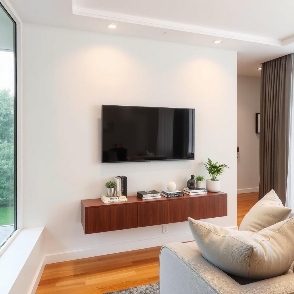 A stylish living room featuring a modern flat-screen TV mounted on the wall, with an elegant floating shelf positioned right below it