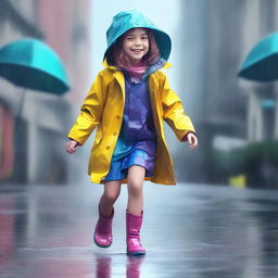 A high quality digital art piece showing a young girl in a vibrant raincoat, stepping in puddles under a light drizzle