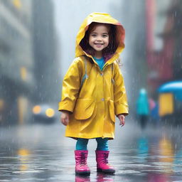 A high quality digital art piece showing a young girl in a vibrant raincoat, stepping in puddles under a light drizzle