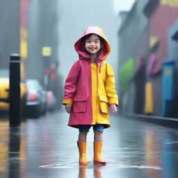 A high quality digital art piece showing a young girl in a vibrant raincoat, stepping in puddles under a light drizzle