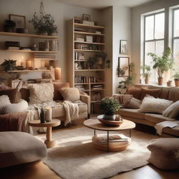 A cozy, functional living room filled with warm lighting, plush furniture, books and plants.