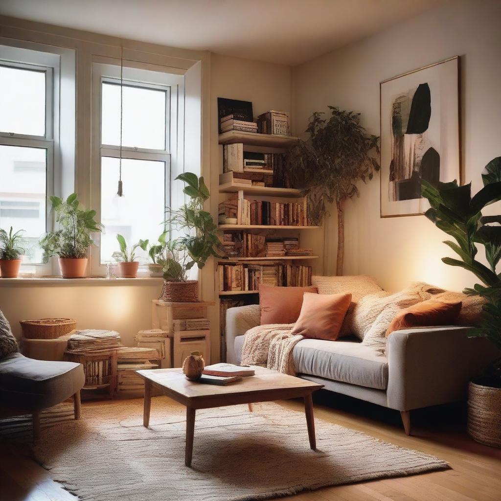 A cozy, functional living room filled with warm lighting, plush furniture, books and plants.