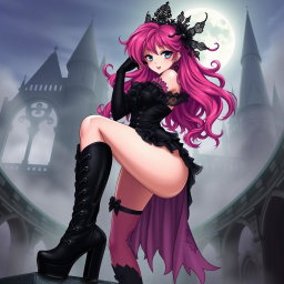 A sexy gothic anime princess with vibrant pink hair styled dramatically, adorned with intricate lace and dark embellishments