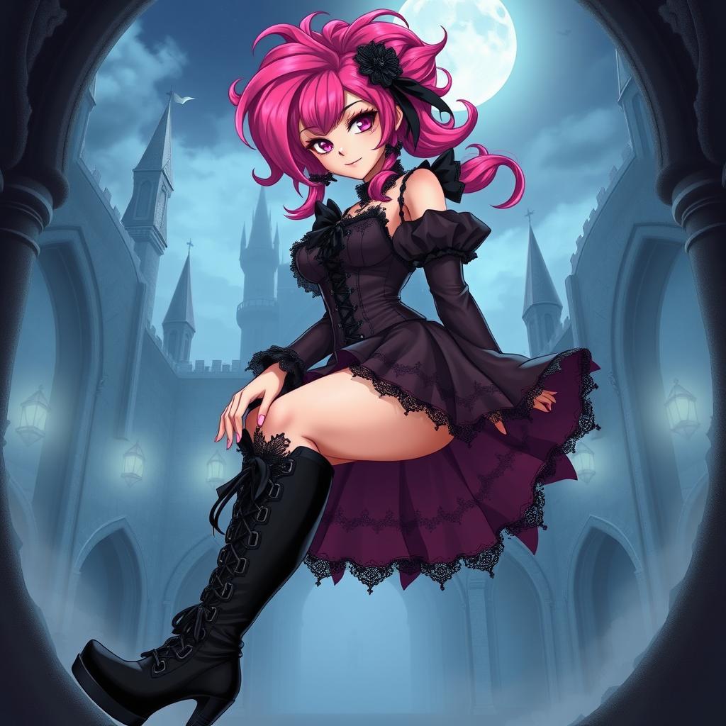 A sexy gothic anime princess with vibrant pink hair styled dramatically, adorned with intricate lace and dark embellishments