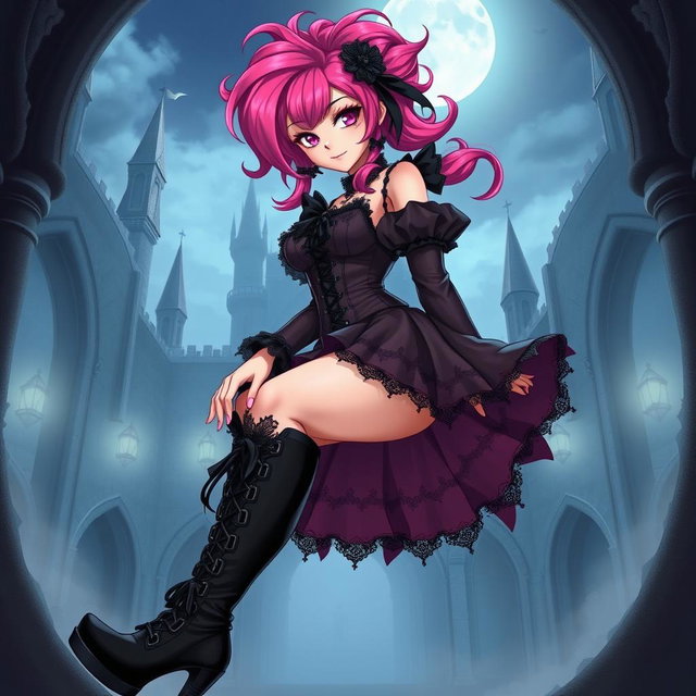 A sexy gothic anime princess with vibrant pink hair styled dramatically, adorned with intricate lace and dark embellishments