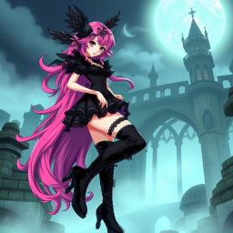 A sexy gothic anime princess with vibrant pink hair styled dramatically, adorned with intricate lace and dark embellishments