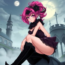 A sexy gothic anime princess with vibrant pink hair styled dramatically, adorned with intricate lace and dark embellishments