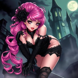 A sexy gothic anime princess with vibrant pink hair styled dramatically, adorned with intricate lace and dark embellishments