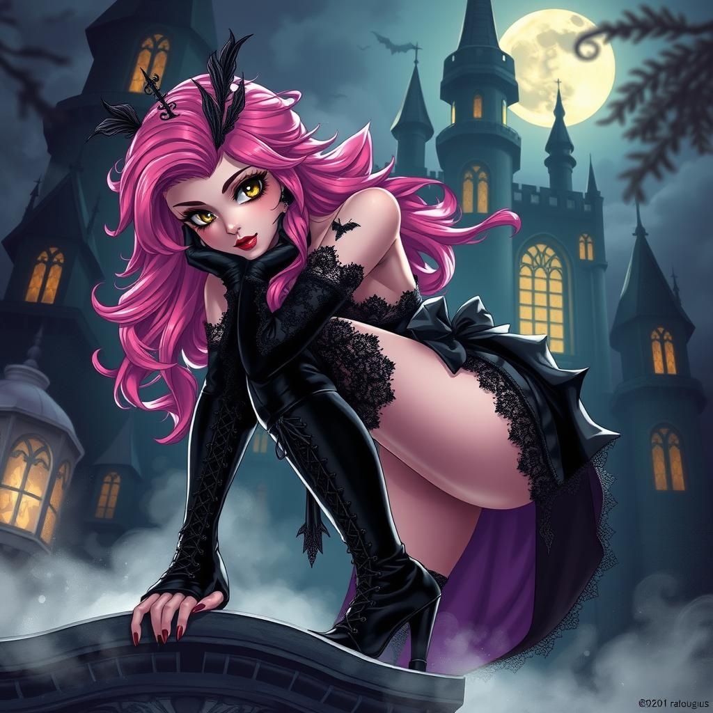 A sexy gothic anime princess with vibrant pink hair styled dramatically, adorned with intricate lace and dark embellishments
