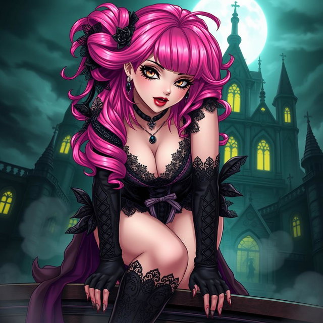A sexy gothic anime princess with vibrant pink hair styled dramatically, adorned with intricate lace and dark embellishments