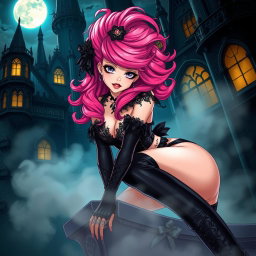 A sexy gothic anime princess with vibrant pink hair styled dramatically, adorned with intricate lace and dark embellishments