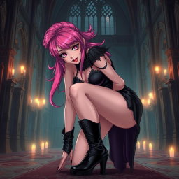 A sexy gothic anime princess with vibrant pink hair styled dramatically, leaning playfully over with an enchanting expression