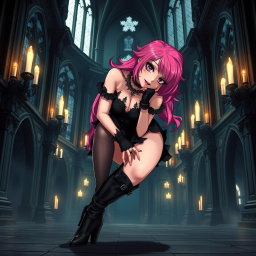 A sexy gothic anime princess with vibrant pink hair styled dramatically, leaning playfully over with an enchanting expression